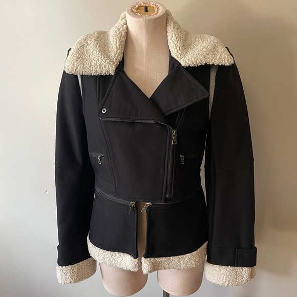 BCBGMAXAZRIA Shearling Black Moto Biker Peplum Jacket - Picture 3 of 12